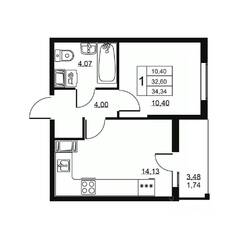 ЖК «Высота» (Бугры), планировка 1-комнатной квартиры, 34.34 м²