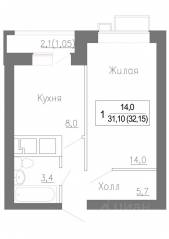 МЖК «Новое Замитино», планировка 1-комнатной квартиры, 33.00 м²
