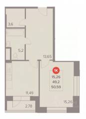 ЖК «Отлично», планировка 1-комнатной квартиры, 50.59 м²