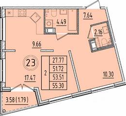 МЖК «Образцовый квартал 17», планировка 2-комнатной квартиры, 51.72 м²