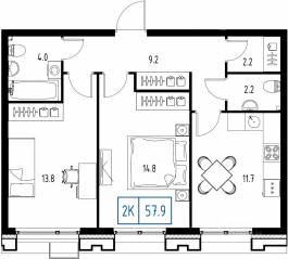 ЖК «Skolkovo One», планировка 2-комнатной квартиры, 57.90 м²