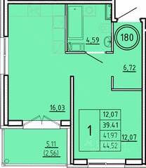 МЖК «Образцовый квартал 16», планировка 1-комнатной квартиры, 39.41 м²