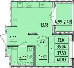 МЖК «Образцовый квартал 17», планировка 1-комнатной квартиры, 35.04 м²