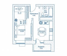 ЖК «Новоград Монино», планировка 1-комнатной квартиры, 36.00 м²