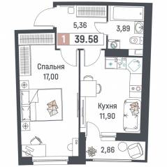 ЖК «Авиатор» (Девяткино), планировка 1-комнатной квартиры, 39.58 м²