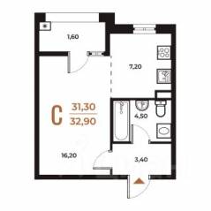 ЖК «Новое Летово», планировка студии, 32.90 м²