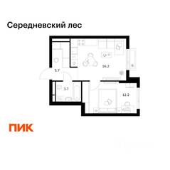 ЖК «Середневский лес», планировка 1-комнатной квартиры, 37.80 м²