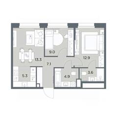 ЖК «Станиславский», планировка 3-комнатной квартиры, 56.10 м²