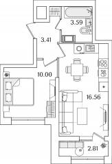 ЖК «БелАрт», планировка 1-комнатной квартиры, 34.97 м²