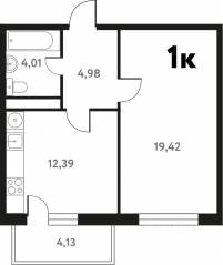 ЖК «Южное Пушкино», планировка 1-комнатной квартиры, 42.16 м²
