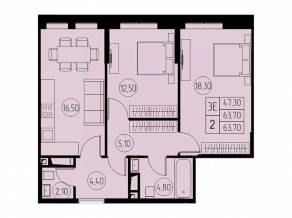 ЖК «31 квартал», планировка 3-комнатной квартиры, 63.70 м²