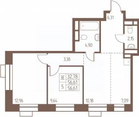 ЖК «Западная Ивантеевка», планировка 3-комнатной квартиры, 56.60 м²