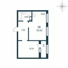ЖК «Расцветай в Янино», планировка 1-комнатной квартиры, 44.60 м²