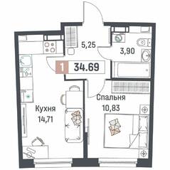 ЖК «Авиатор» (Девяткино), планировка 1-комнатной квартиры, 34.69 м²