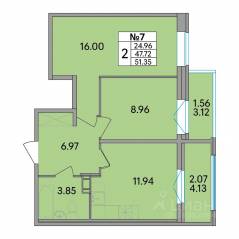 ЖК «Рождественский квартал», планировка 2-комнатной квартиры, 51.35 м²