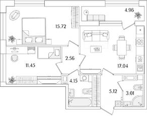 ЖК «Аурум», планировка 2-комнатной квартиры, 61.53 м²