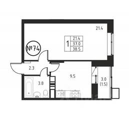 ЖК «Космос», планировка 1-комнатной квартиры, 38.50 м²