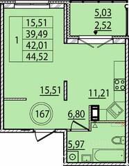 МЖК «Образцовый квартал 15», планировка 1-комнатной квартиры, 39.49 м²
