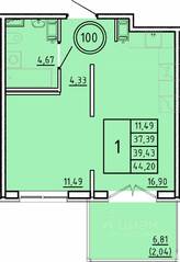 МЖК «Образцовый квартал 16», планировка 1-комнатной квартиры, 37.39 м²