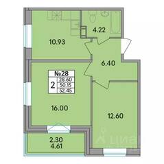 ЖК «Рождественский квартал», планировка 2-комнатной квартиры, 52.45 м²