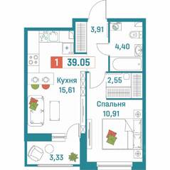 ЖК «Графика», планировка 1-комнатной квартиры, 39.05 м²