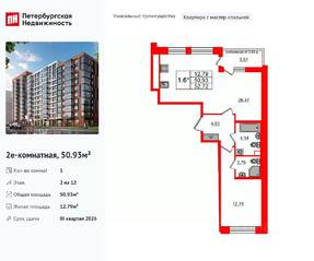 ЖК «Титул в Московском», планировка 1-комнатной квартиры, 50.93 м²