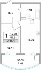 ЖК «Дом-Мегалит в Королёве», планировка 1-комнатной квартиры, 51.40 м²