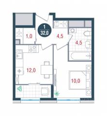 ЖК «Русич Кантемировский», планировка 1-комнатной квартиры, 32.00 м²