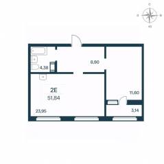 ЖК «Расцветай в Янино», планировка 1-комнатной квартиры, 51.70 м²