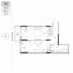ЖК «Пироговская Ривьера», планировка 1-комнатной квартиры, 46.90 м²