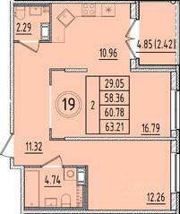 МЖК «Образцовый квартал 17», планировка 2-комнатной квартиры, 58.36 м²