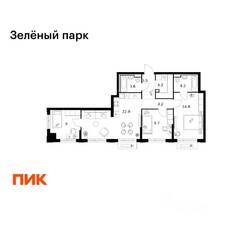 ЖК «Зеленый парк», планировка 3-комнатной квартиры, 75.20 м²