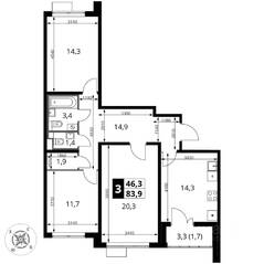 ЖК «Южная Битца», планировка 3-комнатной квартиры, 84.00 м²