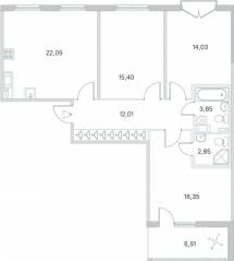 МЖК «Любоград», планировка 3-комнатной квартиры, 90.04 м²