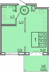 МЖК «Образцовый квартал 16», планировка 1-комнатной квартиры, 37.54 м²