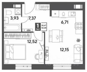 ЖК Арт-квартал «Публицист», планировка 1-комнатной квартиры, 42.68 м²