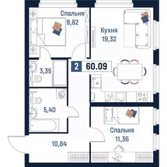 ЖК «Максималист», планировка 2-комнатной квартиры, 60.09 м²