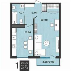 МЖК «Новокасимово», планировка 1-комнатной квартиры, 45.00 м²