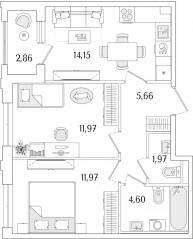 ЖК «Гранат», планировка 2-комнатной квартиры, 51.75 м²