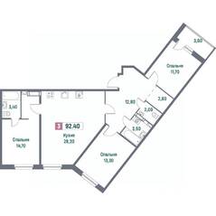ЖК «Фотограф», планировка 3-комнатной квартиры, 92.40 м²