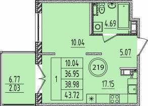 МЖК «Образцовый квартал 14», планировка 1-комнатной квартиры, 36.95 м²
