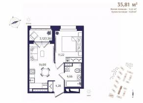 ЖК «Ranta Residence», планировка 1-комнатной квартиры, 35.81 м²