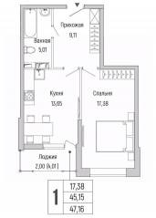 ЖК «Riga Hills», планировка 1-комнатной квартиры, 47.16 м²