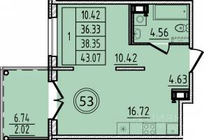 МЖК «Образцовый квартал 14», планировка 1-комнатной квартиры, 36.33 м²