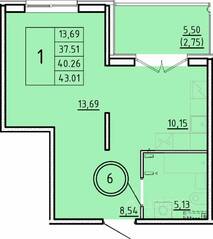 МЖК «Образцовый квартал 16», планировка 1-комнатной квартиры, 37.51 м²