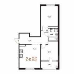 ЖК «Новое Летово», планировка 2-комнатной квартиры, 58.50 м²