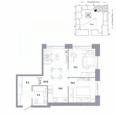 ЖК «Страна.Заречная», планировка 3-комнатной квартиры, 54.80 м²