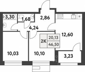 ЖК «Smart Garden», планировка 2-комнатной квартиры, 46.60 м²