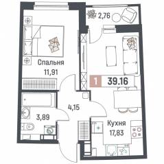 ЖК «Авиатор» (Девяткино), планировка 1-комнатной квартиры, 39.16 м²