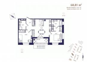 ЖК «Ranta Residence», планировка 2-комнатной квартиры, 68.81 м²